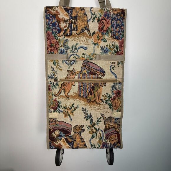Whimsical Cottagecore Cat Dog Tapestry Rolling Tote | Foldable Travel Bag, JADE - Picture 1 of 15